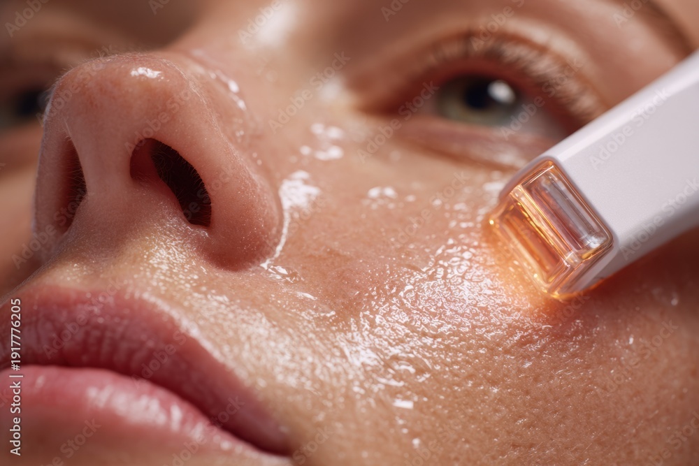 Fototapeta premium Macro Closeup of Cosmetic Laser Skin Rejuvenation Procedure on Female Face with Cooling Gel