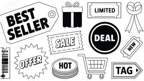 A collection of various sale and offer tags and icons for retail.
