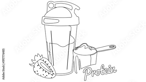 A protein shaker, scoop of powder, and strawberry are depicted in a line drawing.