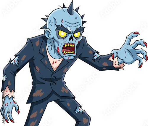 Creepy Cartoon Zombie Man with Spiky Blue Head, Glowing Yellow Eyes, and Bloody Hands Wearing Torn Suit for Halloween Design