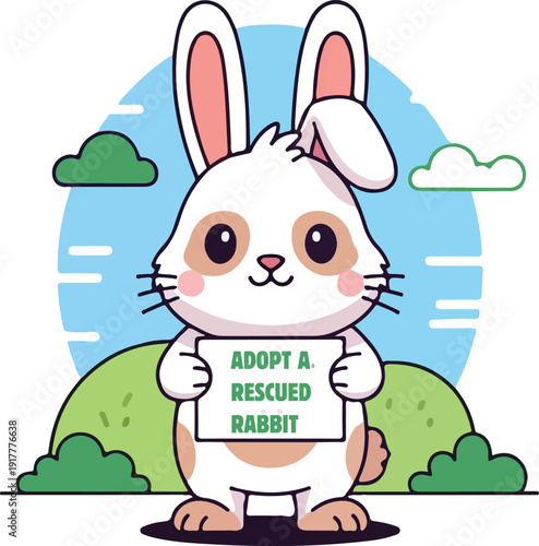 Cute cartoon rabbit holding adopt a rescued rabbit sign in nature