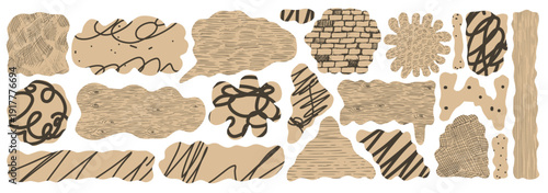 Wavy organic rectangular cutouts. Speech bubbles paper collage with wave edges. Abstract scrapbook square, rectangle, oval shapes. Vector design elements with irregular form borders. Craft cut outs.