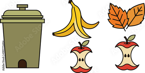 Organic waste and eco-friendly composting set, vector icons with green trash bin, banana peel, apple cores and autumn leaves isolated on white background.