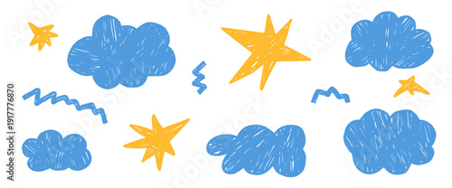 Hand-drawn crayon stars, clouds. Set of doodle nigh sky elements. Freeform kid scribble cloud, zigzag, spark figures. Promo callouts. Pastel chalk vector illustration isolated on white background.