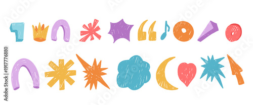 Kids abstract geometric crayon stickers. Kindergarten abstract figures hand drawn scribbles set. Music note, asterisk, stars, heart stickers. Vector naive pastel illustration isolated no background.