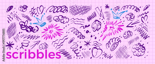School messy doodles on grid math paper. Abstract ink pen scribble set with chaotic strokes, textures. Hand-drawn arrows, highlights lines, spontaneous scribbles, expressive element. Vector swirls.