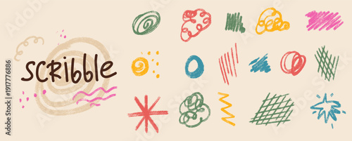 Naive abstract childish crayon doodles. Irregular colorful forms scribble with messy strokes, doodle textures. Hand-drawn chaotic lines, grids, spontaneous expressive element. Vector zigzag set.