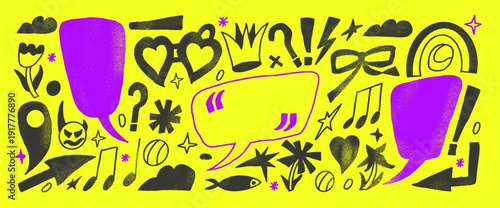 Crayon vivid neon doodles with speech bubble. Hand drawn text boxes frame with quotation marks scribbles set. Funky pencil abstract, callout shapes. Textured chat frames. Crown, arrows on yellow bg.