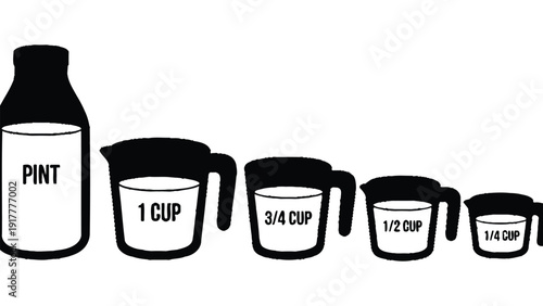 A collection of measuring cups and a pint container are shown.