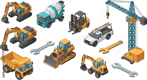 Isometric Construction Vehicles and Machinery Collection with Excavators, Cranes, Bulldozer, Dump Truck, and Tools Isolated on White Background for Industrial Design