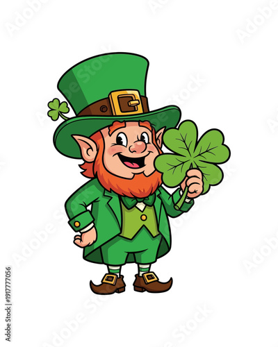 A cheerful cartoon leprechaun in a green suit and top hat, holding a large four-leaf clover, celebrating Irish folklore and St. Patrick's Day.