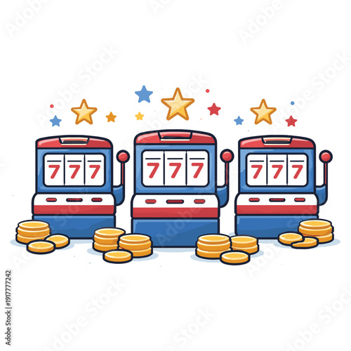 Three slot machines with coins and stars