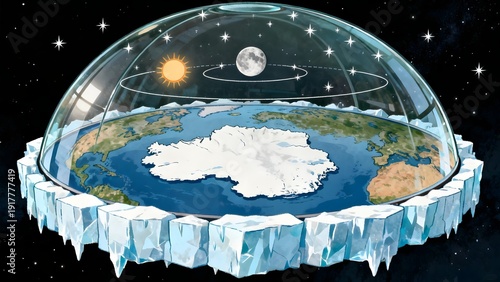 Conceptual flat earth model under a glass dome surrounded by ice and water