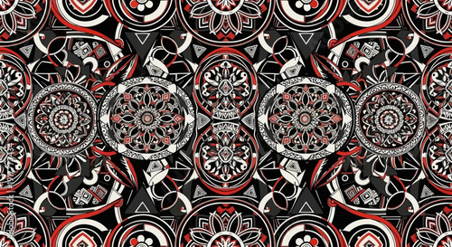 Intricate red and white mandala pattern on black background