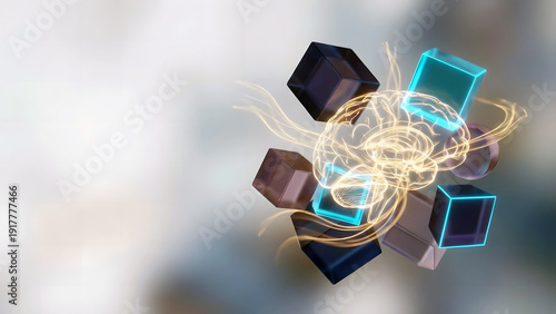Abstract digital cubes with glowing energy connections in a futuristic composition