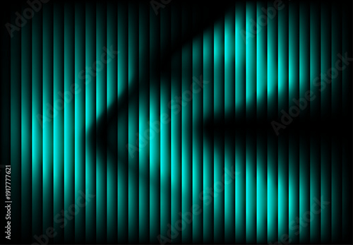 Abstract  background with glowing vertical lines and smooth gradient waves in teal and green on dark black background