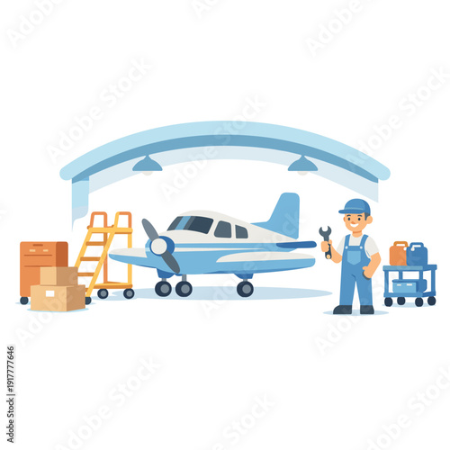 Mechanic with airplane in hangar
