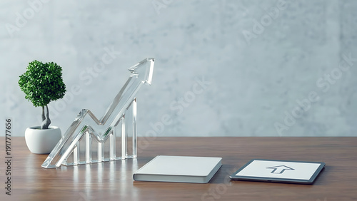 Modern minimalist workspace with a small indoor plant and decorative furniture.