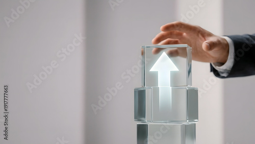 A person casting a ballot into a transparent voting urn with an upward arrow symbol.