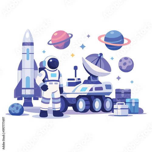 Space exploration scene with astronaut and rover