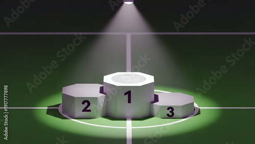 A spotlight shines on a podium with three numbered placements.