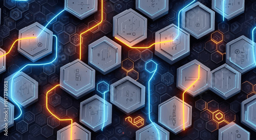 Modern technology concept with glowing neon lines connecting hexagons