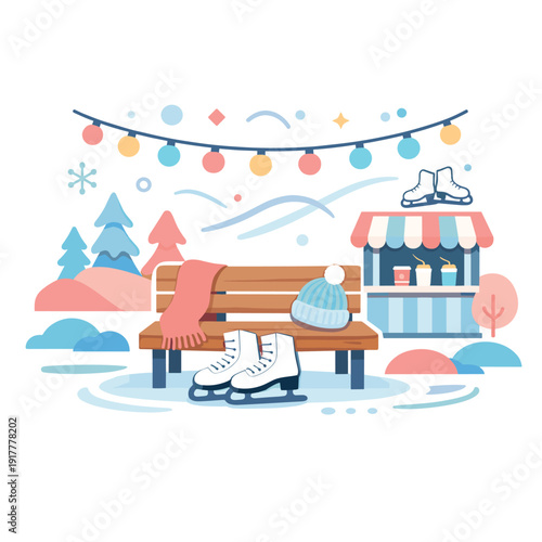 Cozy winter park scene with ice skates and drinks