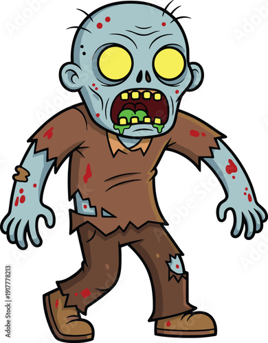 Scary Cartoon Zombie Character with Pale Blue Skin, Glowing Yellow Eyes, and Green Drool Wearing Torn Brown Clothes for Halloween