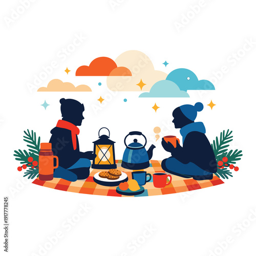 Cozy winter picnic with friends and snacks
