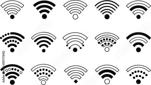 A collection of 12 different wifi signal strength icons in black and white