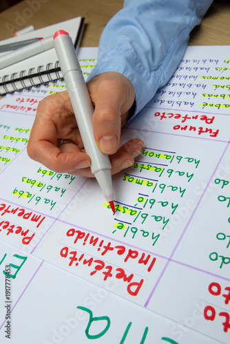 Concepts of education and grammar. The hands of a Spanish teacher writing down vocabulary for students.