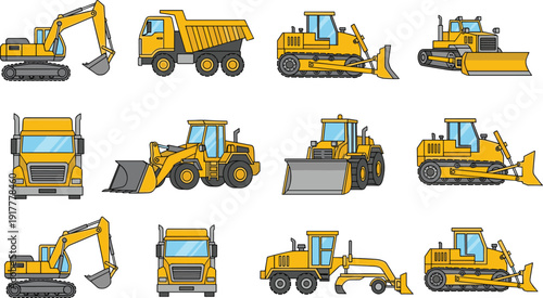 Set of Yellow Construction Heavy Machinery Icons Including Excavator, Dump Truck, Bulldozer, Front Loader, and Road Grader Isolated on White Background