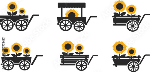 Sunflower garden carts and flower kiosk icons set, black silhouettes of wooden wagons and market stalls with blooming sunflowers isolated on white background.