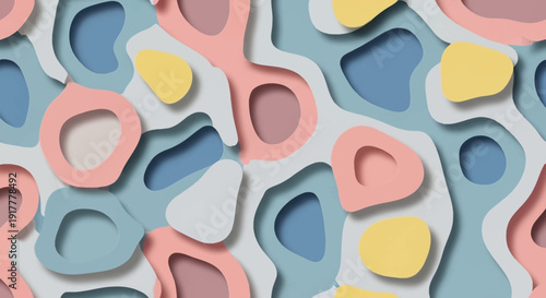 Vibrant abstract paper cut shapes in pastel colors creating modern background