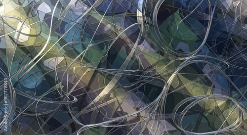 Dynamic abstract art with swirling silver lines and vibrant colors