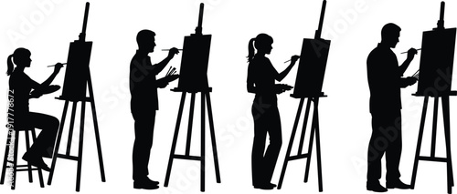 Silhouette Collection of Male and Female Artists Painting on Easels with Brushes and Palettes, Creative Painters Working in Art Studio