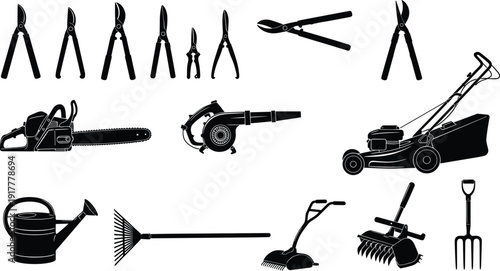 Silhouette Collection of Gardening Equipment Including Lawn Mower, Chainsaw, Leaf Blower, Pruning Shears, Rake, Watering Can, and Pitchfork for Landscaping Design
