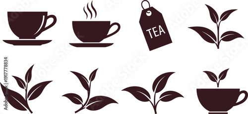 Tea culture and organic tea leaf icons set, black silhouettes with steaming cups, tea bags, and fresh tea plant leaves isolated on white background.