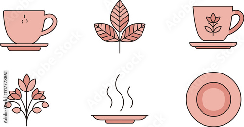 Tea and coffee cup icons set, pink vector illustrations with herbal tea leaves, steaming plate, floral coffee mugs and saucers isolated on white background.