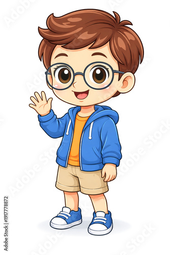 Friendly cartoon boy waving with glasses and casual outfit