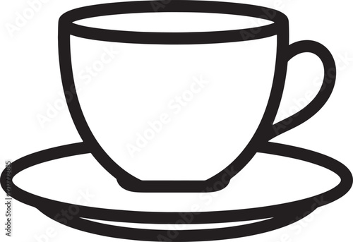 Minimalist black line art drawing of a teacup and saucer icon