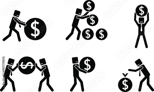 Business finance silhouettes set, money management icons, dollar symbol concept, investment and profit illustration, black vector isolated on white