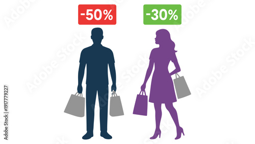 Man and woman with shopping bags and discount percentages.