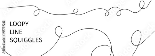 Wavy squiggle line cable with thin curvy curve and abstract drawing for a long continuous illustration. Spiral wave divider pattern as a vector element through horizontal loopy banner set.