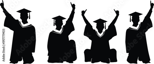 Graduate silhouettes set, graduation celebration poses, academic success concept, students in caps and gowns, education vector isolated on white