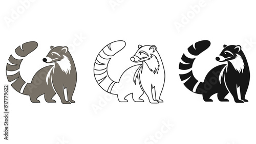 Three stylized illustrations of a coati animal in different color variations.