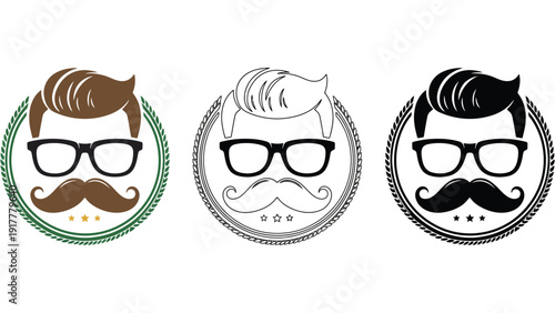 Three stylized hipster male faces with mustaches and glasses in circular frames.
