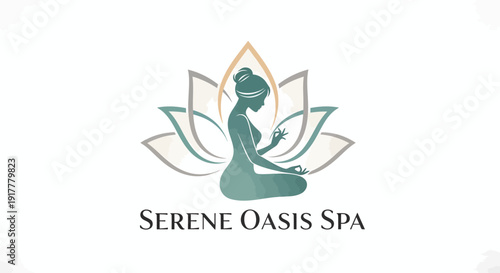 Serene Oasis Spa Logo with Woman Meditating and Lotus Flower.