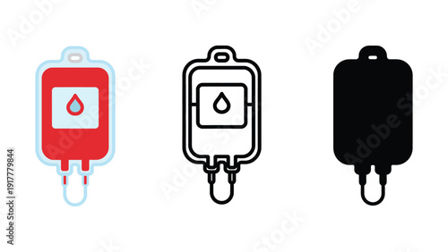 Blood bag icon set including red, line, and black silhouette illustrations