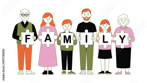 A diverse family holds puzzle pieces spelling out the word FAMILY.